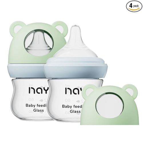 yanyoyo Natural Glass Baby Bottle for Breastfeeding Babies, 3oz Newborn Anti-Colic Baby Bottle with Slow Flow Nipples (SS), Clear, Wide Neck, 2 Pack, 0 Months+