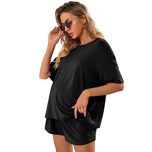 Verdusa Women's Maternity Pajama Set 2 Piece Drop Shoulder Top and Short Lounge Sets