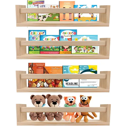 Nursery Book Shelves Set of 4,Wood Floating Nursery Shelves for Wall,Wall Bookshelves for Kids，Bathroom Decor, Kitchen Spice Rack (Set of 4)