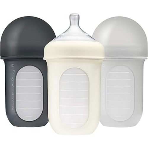Boon Nursh Reusable Silicone Pouch Baby Bottles - Medium Flow Nipple - Silicone Baby Bottle Pouch and Nipple - Baby Feeding Essentials - Gray - 3-6 Months - 3 Count - 8 Ounce