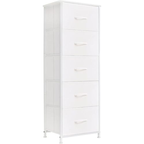 Somdot Tall Dresser for Bedroom with 5 Drawers, Storage Organizer Chest of Drawers with Removable Fabric Bins for Closet Bedside Nursery Laundry Living Room Entryway Hallway, White Leather