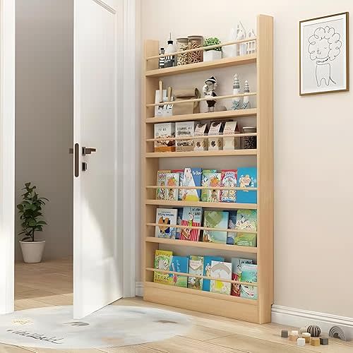 Behind The Door Bookshelf, Wooden Behind Door Bookshelf 6-Tier, Space-Saving Kids Bookcase Book Shelf Organizer Storage for Toys and Books