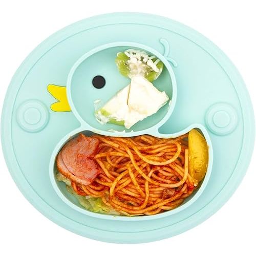 Baby Plate Silicone Toddler Plates Suction Placemat Divided Duck Dishes for Kids and Infants One-Piece Strong Suction, BPA Free, Microwave Dishwasher Safe