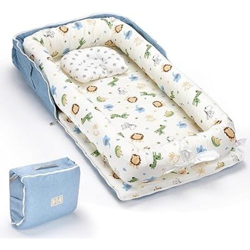 Baby Lounger, Baby Nest for Newborn, Portable Breathable Infant Lounger Pillow Adjustable U-Shaped Safety Bumper for Cozy Comfort - Animal World Blue