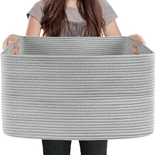 Extra Large Rectangle Storage Basket, 23.6" x 17" x 12" Gray Blanket Basket Storage for Living Room, Large Soft Woven Cotton Rope Basket, Kids Toy Baskets Organizer Bins, Wicker Basket