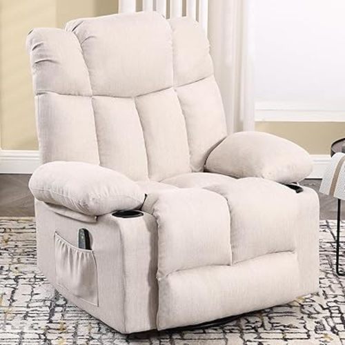 INZOY Massage Swivel Rocker Recliner with Heat and Vibration, Nursing Chairs Swivel Glider Heated Recliner with Cup Holder, Fabric Manual Rocking Recliner Chair for Living Room Bedroom, Beige