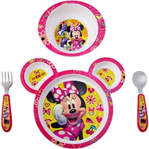 The First Years Disney Minnie Mouse Dinnerware Set - Toddler Plates and Toddler Utensils- 4 Piece Set