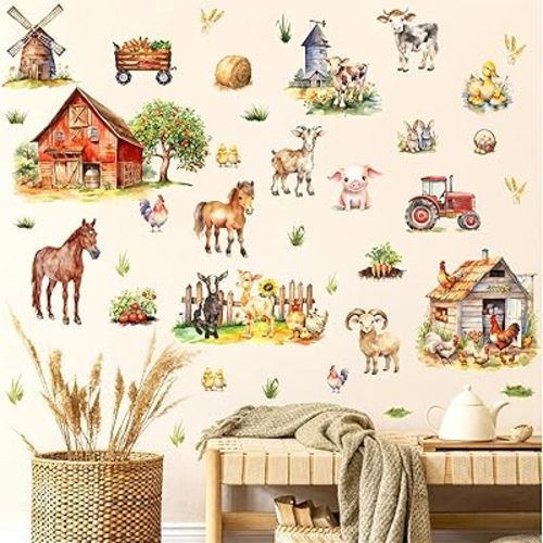 Funny Farm Wall Stickers Watercolor Farmhouse Wall Decals Peel and Stick Watercolor Farm Animals Wall Sticker for Kids Kitchen Roosters Hens Cow Decals for Refrigerators Nursery Dining Room Home Decor