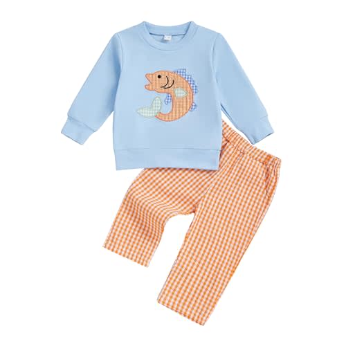 Dobeiokal Toddler Baby Boy Fall Winter Clothes Fish Embroidery Long Sleeve Sweatshirt Plaid Pants Set Cute Boys Fall Outfits
