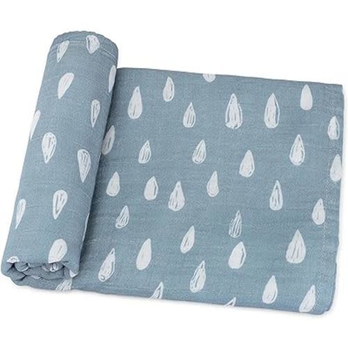Comfy Cubs Muslin Swaddle Blankets Pack of 1, 47 x 47 Inch Soft Cotton Baby Blanket Set, Large Multipurpose Wraps for Newborns - Self-Soothing Swaddles for Newborns - Blue Raindrops