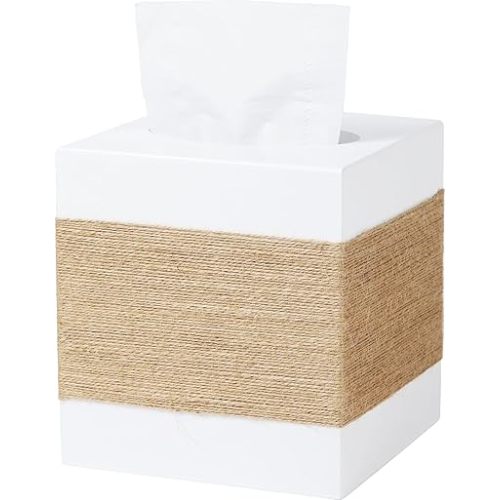 Tissue Box Cover, Wood Tissue Box Cover Square, Farmhouse Tissue Box Holder Covers Your Tissues, Decorative Tissue Cube Box Cover with Slide-Out Bottom (White)
