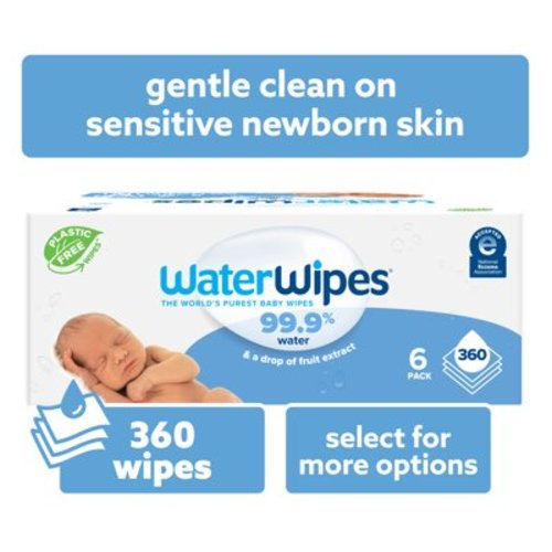 WaterWipes Original 99.9% Water Based Baby Wipes, Unscented, 6 Resealable Packs (360 Wipes)