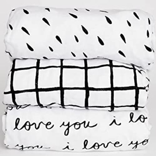 3 Fitted Bassinet Sheets Black/White Set for Baby Girl/Boy - 100% OEKO-TEX Cotton - Gender Neutral I Love You, Plaid & Raindrop - Cradle/Moses Basket Hourglass Oval Rectangle Mattress Sheet