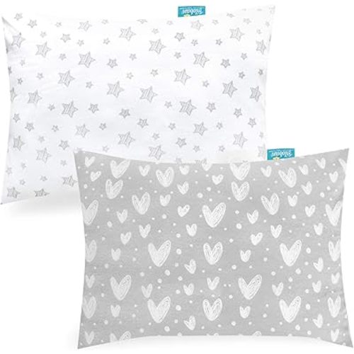 Biloban Organic Cotton Toddler Pillowcase 2 Pack, (Pillowcase Only) Kids Pillowcase for Sleeping Fit Pillow Sized 13"x 18" or 14"x19", Envelope Travel Pillowcase for Girl Boy, Gray Heart & White Star