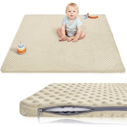 Baby Floor Play Mat for Playpen, Extra Thick 50x50 Inches Padded Mat with Ultra Soft 3D Minky Dot & Removable Washable Cover, Non-Slip & Safe for Crawling,Tummy Time,Infant/Toddler (Beige)