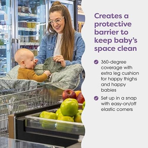 Boppy Shopping Cart Cover for Baby - 360° Coverage Cart Cover for Babies with Safety Harness, Toy Tether, One-Hand Placement, Machine-Washable, 6 Month & Up - Happy Green Leaves