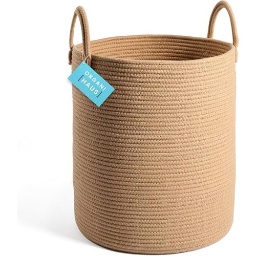 OrganiHaus Laundry Basket, Woven Cotton Rope Basket for Blankets, Toy Storage Basket, Nursery Hamper, Living Room Decor & Organizer Bins, Soft & Durable Hamper with Handles, 15x18 inches - Honey