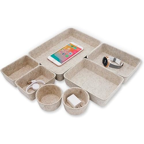 Welaxy Drawer organizers Felt storage bins office Desk Draw dividers wabi-sabi Nordic Natural Scandinavian-chic style beige hygge design catchall tray 7-Piece gift idea (Oatmeal)