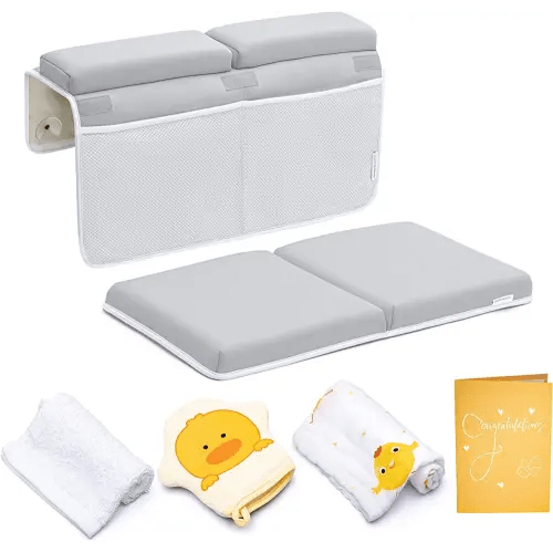 Bath Kneeler and Elbow Rest Pad, 1.75 inch Extra Thick Baby Bath Kneeling Pad and Elbow Pad for Bathtub. Bath Tub Elbow Pad with Infant Toy and Baby Accessories Organizer, Grey