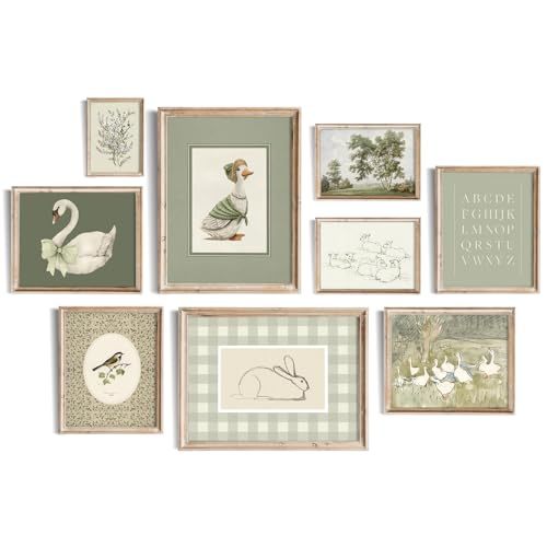 Uniro Sage Green Nursery Wall Art Prints, Vintage Baby Girl Nursery Wall Decor, Cute Kids Room Decor Swan Bunny Duck Brid Landscape Canvas Painting, Antique Green Nursery Poster for Kids Bedroom, Nursery Room Decor- Unframed