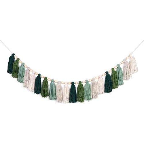 Green Tassel Garland with Wood Bead Jungle Leaves Woodland Forest Boho Wall Hanging Tassels Bunting Banner for Classroom Nursery Dorm Kids Bedroom Room Baby Shower Birthday Party Office Decor