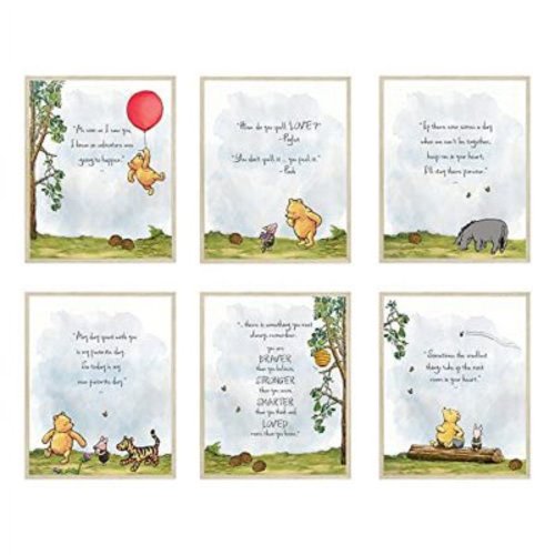 Classic Winnie The Pooh Wall Art Decorations by HerZii Prints - Set of 6 5x7 inch - Nursery Playroom Home Decor - Baby Shower Decorations