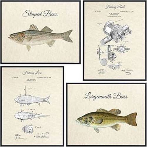 Bass Fishing, Lure, Reel, Patent Print Set - Vintage Rustic 4-8x10 Wall Art, Home Decor, Room Decoration Photo Pictures - Lake or River Fish Posters - Gift for Freshwater Fishermen, Fisherman, Angler