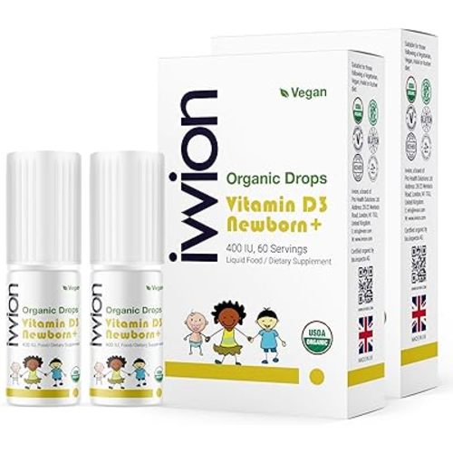 Organic Vegan 400IU, Vitamin D3, 60 Drops – Baby Drop for Infants & Toddlers | USDA Organic, Non-GMO, Plant-Based, No Additives or Preservatives, All Natural, Made in UK - Pack of 2