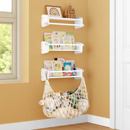 Joqixon Nursery Floating Book Shelves for Wall: Wood Kid's Bookshelves with Plush Toy Storage Net for Organizer and Decor, 4-Pack (3+1)