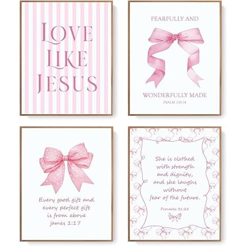 LARTSFRO Coquette Pink Bow Jesus Wall Art Decor Posters, Pink Bow Room Bedroom Bathroom Wall Art Decor Aesthetic for Teen Girls Gifts, Inspirational Bible Verses Bow Wall Decor, 12x16 Inch Set of 4 Bow Pictures Unframed