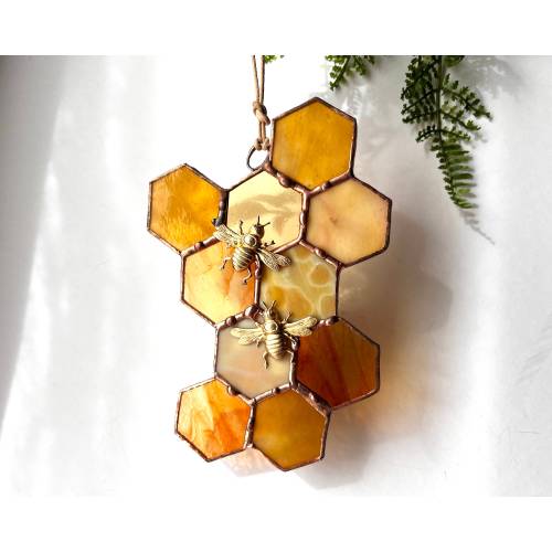 Stained Glass Beehive. Honeycomb Stained Glass Suncatcher. Honeycomb With Bee.