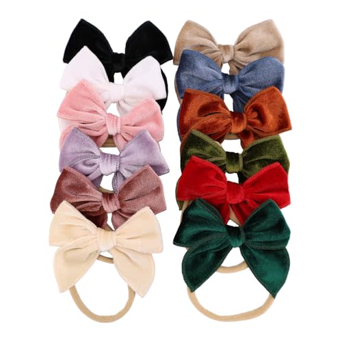 Gebelle Pack of 12 Velvet Bow Headband for Newborn Baby Toddler Girl Soft Nylon Hairbands Elastic Hair Bands (Fable Bow 3 inch 12 pcs)