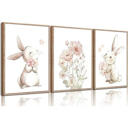 Pink Girl Nursery Bunny Canvas Wall Art Cute Rabbit Wildflowers Painting Pictures Wall Decor Botanical watercolor Flower Poster printing artwork For Baby Boys and Girls Playroom paintings Unframed