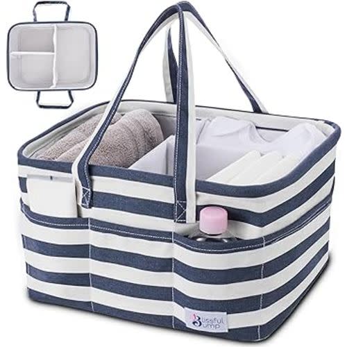 Baby Diaper caddy organizer, Baby Caddy for Newborn.-Extra large diaper caddy, Diaper bag storage caddy, Blissful Bump, Striped White and Navy Blue