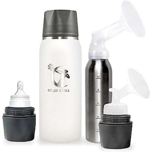 Breastmilk Chiller Reusable Storage Container by CERES CHILL | Cooler - Keeps Milk at Safe temperatures for 20+ Hours | Bottle Connects w/Major Pumps, 12 to 34oz (1 Chiller, Future’s So Bright White)