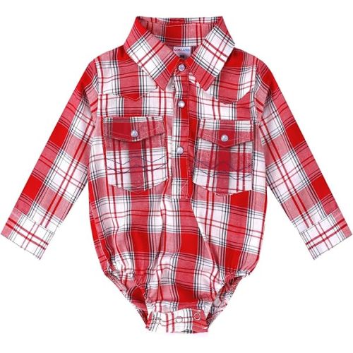 COSLAND Baby Boys' Western Cotton Plaid Bodysuit, Infant Cowboy Jumpsuit, 0-18 Months