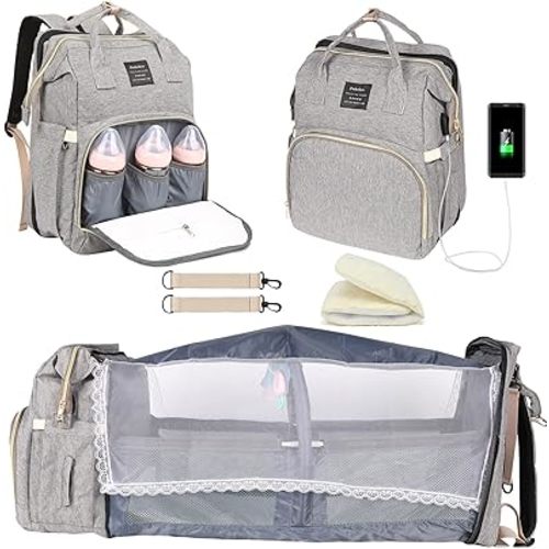 Baby Diaper Bag Backpack with Changing Station, Baby Registry Search Shower Gifts, Baby Bags for Boy Girl, New Mom Gifts for Women, Large Capacity, USB Port,Gray