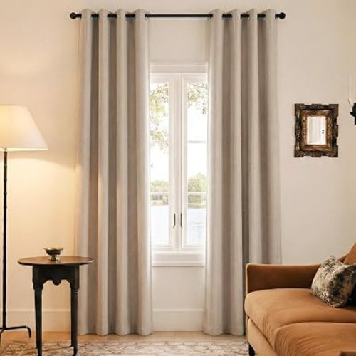 NICETOWN Natural 100% Blackout Grommet Linen Curtains 84" Long 2 Panels Set, Cat Proof Thick Linen Blend Drapes, Insulated Window Cover Draperies with Beige Backing for Cottage Living Room, 52" W