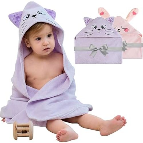 Viviland 2 Pack Hooded Baby Towels, Soft 100% Cotton Baby Bath Towels with Hood, Extra Thick and Absorbent, Essential for Newborns, Kids, Infants - Girls and Boys (Cat & Rabbit)