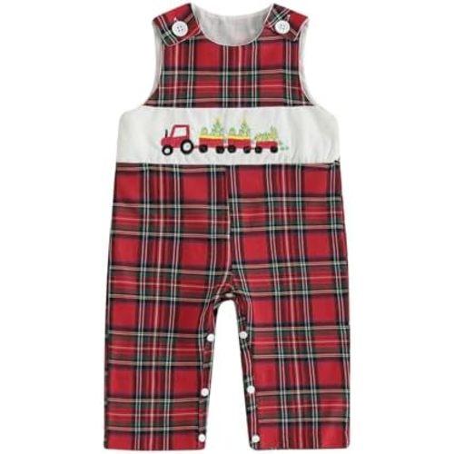 Newborn Baby Boy Christmas Outfit Tree Truck Candy Cane Sleeveless Overalls Jumpsuit One Piece Plaid Clothes