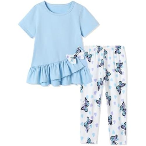 Toddler Girl Clothes 2-8Years Girls Outfit, Short Sleeve Ruffle Bowknot Top+Floral Capri Pants 2Pcs Spring Summer Set