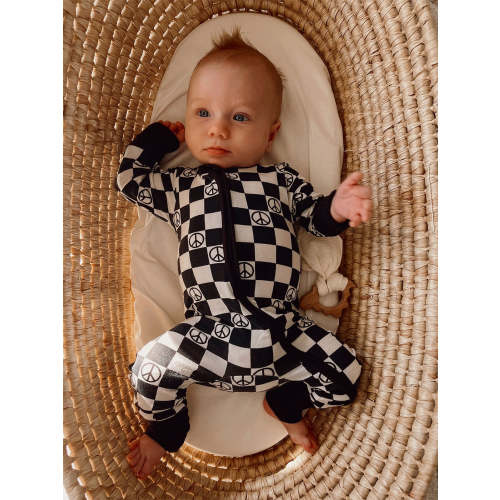 2-Way Convertible Zip Romper, Black Peace Checkerboard