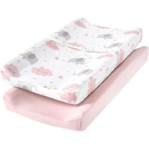 TILLYOU Changing Pad Cover Set in Soft Jersey Material - Fits 32"/34''x16 Contoured Pad for Babies,Elephant & Cloud, Pink