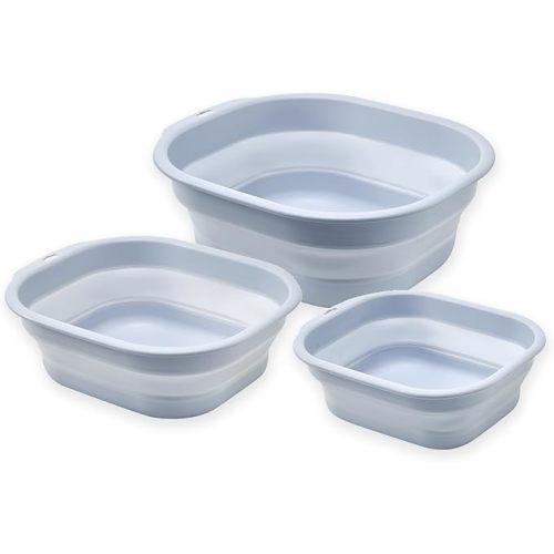 Collapsible Wash Basin Set of 3, Foldable Large Medium Small Wash Basins, Portable Plastic Basins for Laundry, Bottles, Travel, Camping (Blue Gray)