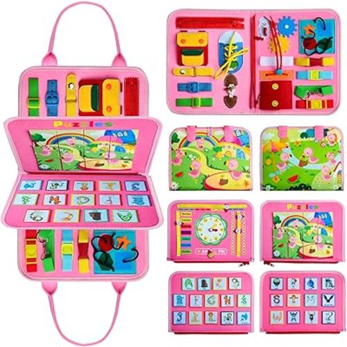 Busy Board Montessori Toys for Toddlers, Preschool Educational Toys for Learn Fine Basic Dress Motor Skills Basic Life Skills, Activity Sensory Board Travel Toys, Gifts for 1 2 3 4 Years Old
