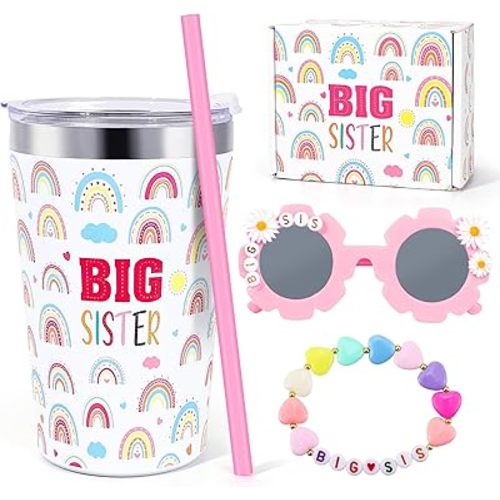 Big Sister Gifts for Girls, 3PCS Big Sister Gift Includes 12 oz Pink Sister Cup Sunglasses Bracelet Sibling Gift From New Baby, Big Sister Announcement Gifts for Girls Age 2-8