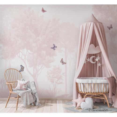 Pastel Butterfly Nursery Mural: Soft Pink Scenic Wallpaper (Peel and Stick)