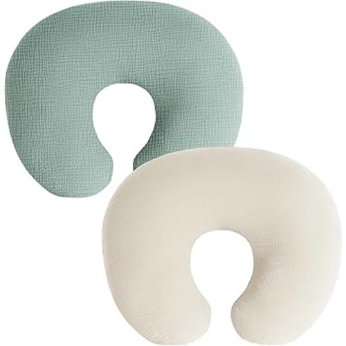 Muslin Nursing Pillow Covers, 2 Pack, Soft & Adorable Slipcovers with Zipper Closure, 100% Cotton Covers for Breastfeeding Pillows (Green)