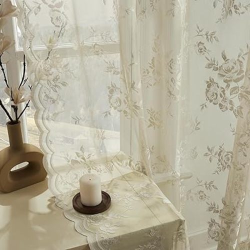 Khaki Lace Curtains 84 Inches Long 2 Panels Vintage Floral Sheer Curtains for Living Room Bedroom Taupe Decor Rod Pocket Light Filtering Tan French Lace Window Curtain Drapes for Dining Room, 52x84