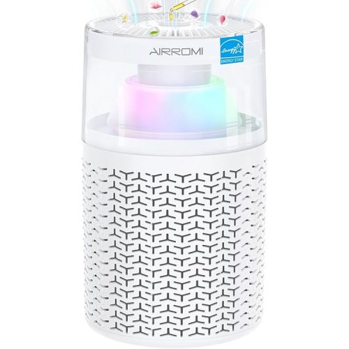 AIRROMI Air Purifiers for Bedroom Home,Up to 658 Ft²,Activated Carbon Filter Cleaner,With Fragrance Sponge for Better Sleep,Night Light,Pet Dander,Allergies,Smoke,Odor,Desktop Air Cleaner A2002 White